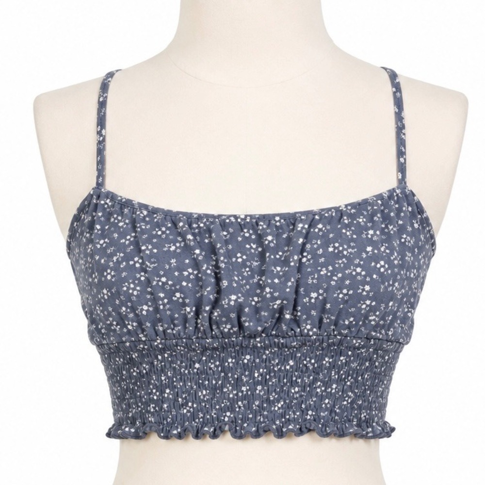 Hollister Blue Ditsy Floral Smocked Crop Cami Tank‎ Top Medium Sweetheart Y2K